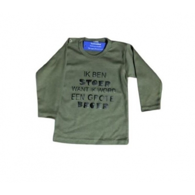 Baby T-Shirt Aankondiging bekendmaking zwangerschap, tekst. Ik ben stoer want ik word grote broer ©, legergroen